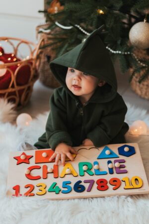 Personalized Montessori Math Board, Baby Name Puzzle, Unique Boy and Girl Birthday Gift, Toddler First Christmas, Wooden Shapes and Numbers