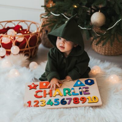 Personalized Montessori Math Board, Baby Name Puzzle, Unique Boy and Girl Birthday Gift, Toddler First Christmas, Wooden Shapes and Numbers