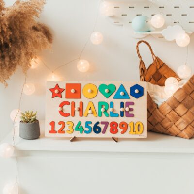 Educational Puzzle With Shapes And Numbers, Custom Name Puzzle, Preschool Montessori Toys, Wooden Toddler Toys, Easter Gifts For Kids