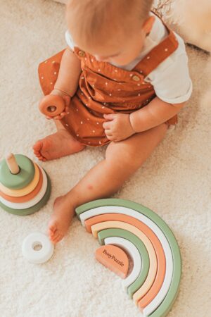 Baby Nursery Decor - Khaki Ring Stacker - Wooden Baby Toy - Rainbow Nursery Decor - Montessori Toys - Pyramid Toy
