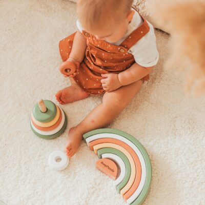 Baby Nursery Decor - Khaki Ring Stacker - Wooden Baby Toy - Rainbow Nursery Decor - Montessori Toys - Pyramid Toy