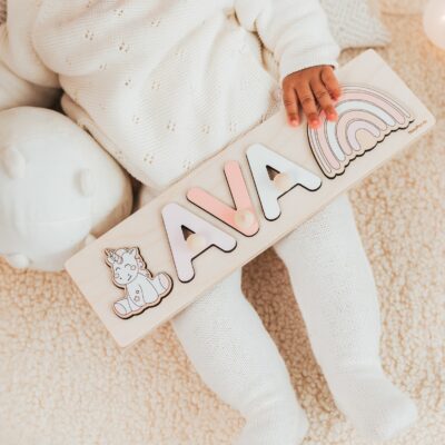 Rainbow Name Puzzle - Gift for 1st 2nd 3rd Birthday - Baby First Easter Gift - Wooden Toys - Baby Boy - Personalized Wooden Name Puzzle