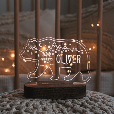 Personalized Night Light Woodland Nursery Decor Custom Birthday Gift For Kids Baby Night Light With Name Cute Baptism Boy Gift Acrylic Bear