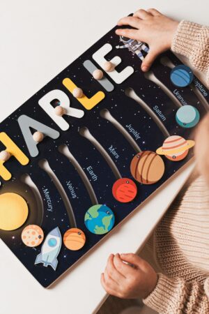 Solar System Busy Board, Moving Planets, Wooden Name Puzzle, Boy Gift, Montessori Toy 1 2 3 Years Old, Unique Gift For Kid, Baby And Toddler