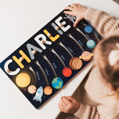 Solar System Busy Board, Moving Planets, Wooden Name Puzzle, Boy Gift, Montessori Toy 1 2 3 Years Old, Unique Gift For Kid, Baby And Toddler