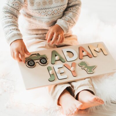 Name puzzle with additional elements, Personalized baby gifts, Wooden toddler toys, 1st Birthday, Baby shower, Christening, First Easter