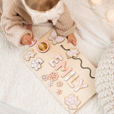 Personalized Busy Board with Baby Name Montessori Activity Toy First Easter Gift Wooden Puzzle Toy 1st Birthday Gift 1 2 3 Years Old Gift