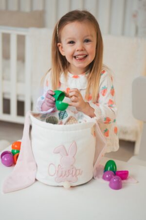 Bunny Shape Easter Basket. Baby Easter Gift Basket. Embroidered Girls Easter Basket. Personalized Easter Gifts For Kids. Egg Hunt Basket.