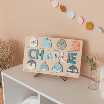 Animal Theme Baby Name Puzzle, Personalized Montessori Board, Easter Gifts For Kids, 2 Yers Old Gift, Stacking Stuffer Toy, Wooden Toys