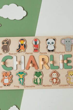 Baby Girl Name Puzzle, Personalized Puzzle With Animals, 3 Years Old, Easter Gift For Kids, Wooden Toddler Toy, Montessori Board, Baptism