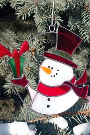 Snowman suncatcher, stained glass window hangings, Christmas ornament, holiday home decor, handmade gift, winter decoration, modern wall art