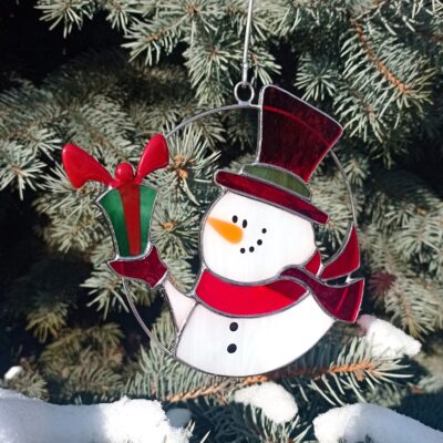 Snowman suncatcher, stained glass window hangings, Christmas ornament, holiday home decor, handmade gift, winter decoration, modern wall art