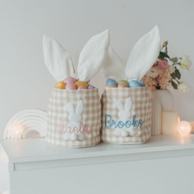 Embroidered Easter Basket Personalized Easter Basket With Bunny Ears Baby Girl And Boy Basket for Easter Activities Easter Kids Decor