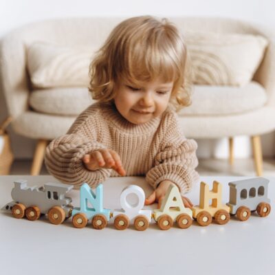 Boho Personalized Train | Train Name With Magnets First Birthday Gift Baby Toys Wooden Train With Railway Fidget Toys For Kids Nursery Decor