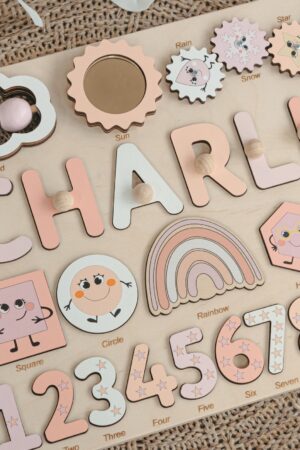 Personalized Handmade Toys Name Puzzle For Kids Activity Sensory Busy Board With Shapes & Numbers Baby Shower and 1st Birthday Gift
