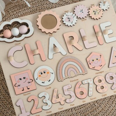 Personalized Handmade Toys Name Puzzle For Kids Activity Sensory Busy Board With Shapes & Numbers Baby Shower and 1st Birthday Gift