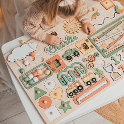 SALE Large Busy Board Personalized Name Puzzle Board Sensory Busy Board For Toddler 1st Birthday Gift Baptism Gif Wooden Activity Parts