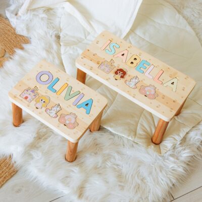 Name Puzzle Step STOOL 1 2 3 Year Old Helper Personalized Baby Stool Wooden Sensory Toys For Toddlers  Baptism Boy Gift Nursery Furniture