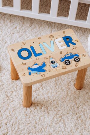 Toddler Boy Step Stool. Wooden Name Puzzle. Personalized Baby Gift. Nursery Decor. Montessori Board. 1 2 3 Years Old. Custom Gifts For Kids.