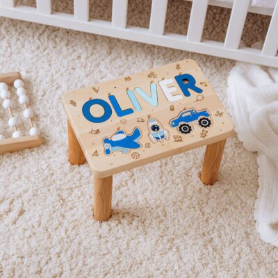 Toddler Boy Step Stool. Wooden Name Puzzle. Personalized Baby Gift. Nursery Decor. Montessori Board. 1 2 3 Years Old. Custom Gifts For Kids.
