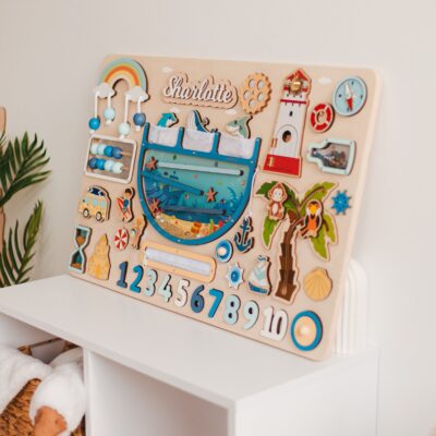 Large Activity Board Personalized First Christmas Gift Kids Pretend Play Safari Nursery Wooden Busy Board Montessori Custom 1st Birthday Boy