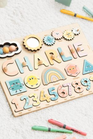 Wooden Name Puzzle with Numbers Personalized Busy Board With Shapes Educational Sensory Toy 1 2 3 Year Old Toys Geometry Engraving Puzzle