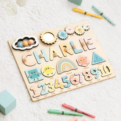Wooden Name Puzzle with Numbers Personalized Busy Board With Shapes Educational Sensory Toy 1 2 3 Year Old Toys Geometry Engraving Puzzle