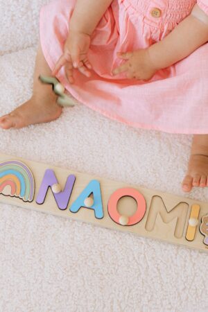 Wooden Toy with Rainbow at extra charge Personalized Name Puzzle With Pegs First Easter Gifts Customized Puzzle Newborn 1st Birthday