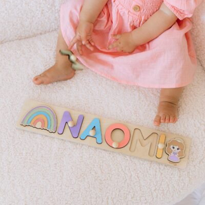 Wooden Toy with Rainbow at extra charge Personalized Name Puzzle With Pegs First Easter Gifts Customized Puzzle Newborn 1st Birthday