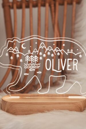 Boho Forest Bear LED Light Personalized Baby Bedroom Lamp Custom Night Light Easter Gifts Kids Nursery Decor Baby Girl Boy Gift
