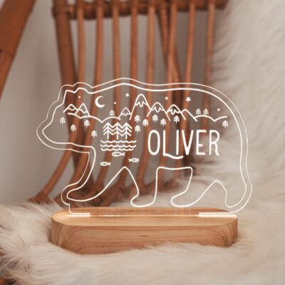 Boho Forest Bear LED Light Personalized Baby Bedroom Lamp Custom Night Light Easter Gifts Kids Nursery Decor Baby Girl Boy Gift