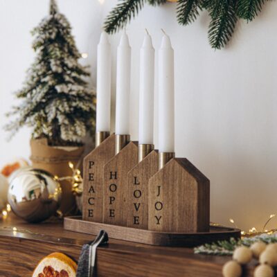 Set of 5 Peace Love Hope and Joy Rustic Christmas Decor Candleholder Advent Houses Christmas Table Accents Fireplace Decor Christmas Gifts