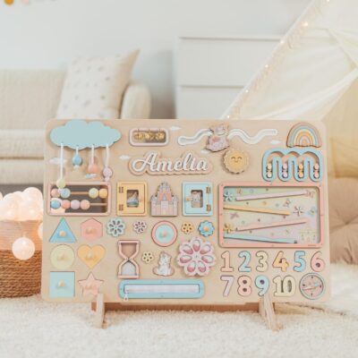 Large Busy Board with Stand Personalized 1st Birthday Boy Gift Baby Shower Gift Educational Sensory Busy Board Montessori Toys for Kids
