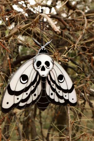 Skull moth butterfly suncatcher, stained glass window hangings, Halloween home decor, fall decor, garden art, handmade gift, unique wall art