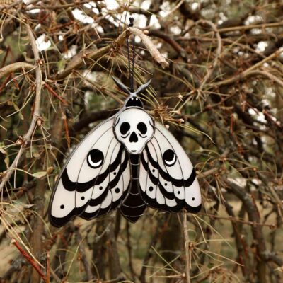 Skull moth butterfly suncatcher, stained glass window hangings, Halloween home decor, fall decor, garden art, handmade gift, unique wall art