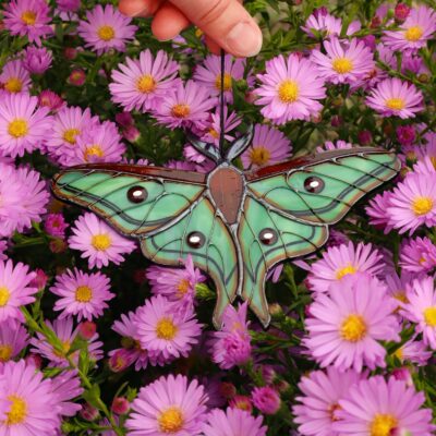 Spanish moon moth butterfly suncatcher, stained glass window hanging, Christmas ornament, holiday home decor, handmade gift, modern wall art
