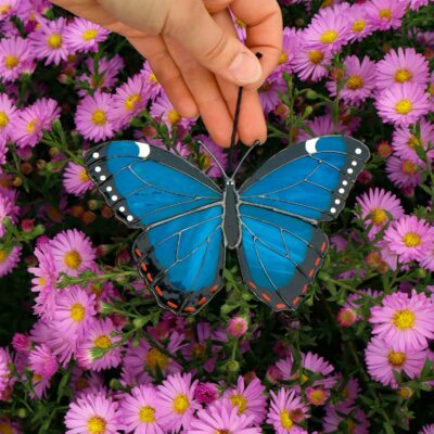 Peleides blue morpho butterfly suncatcher, stained glass window hanging, unique Christmas gift, handmade gift, modern home decor, garden art