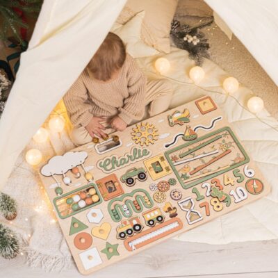 Sensory Large Busy Board Montessori Playroom Board for Toddlers Personalized Wooden Toys Baby Boy and Girl 1st Birthday Gift Baby Shower