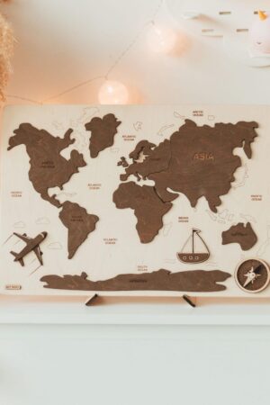 Educational World Map Puzzle For Kids, Wooden Map Board, Baby Boy Birthday Gift, Nursery Decor, Sensory Puzzle For Toddlers
