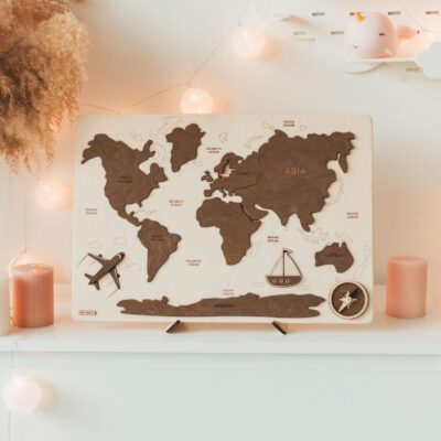 Educational World Map Puzzle For Kids, Wooden Map Board, Baby Boy Birthday Gift, Nursery Decor, Sensory Puzzle For Toddlers