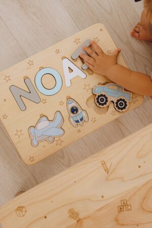 Wooden Name Puzzle Stool Kids Helper Chair Custom Birthday Gifts Personalized Step Stool with Puzzle Handmade Toys Nursery Furniture for Boy
