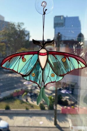 Luna moth butterfly suncatcher, stained glass window hangings, Halloween home decor, fall decor, garden art, handmade gift, unique wall art