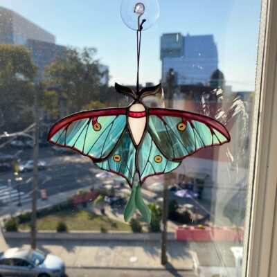 Luna moth butterfly suncatcher, stained glass window hangings, Halloween home decor, fall decor, garden art, handmade gift, unique wall art