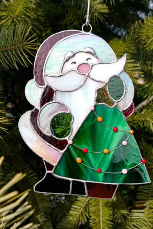 Santa with Christmas tree suncatcher, stained glass window hanging, Christmas ornament, holiday home decor, handmade gift, winter decoration