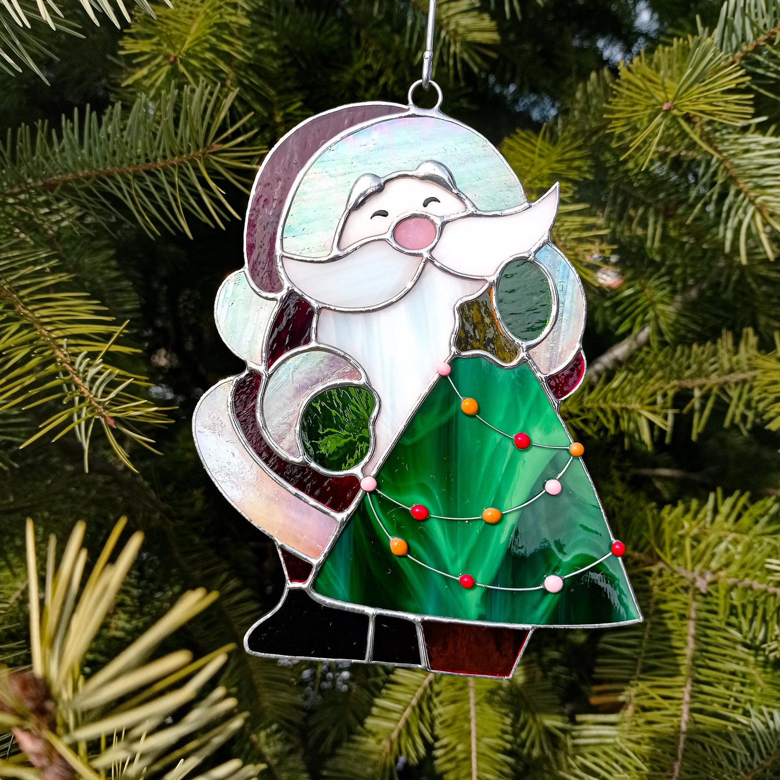 Santa with Christmas tree suncatcher, stained glass window hanging, Christmas ornament, holiday home decor, handmade gift, winter decoration 1 Santa with Christmas tree suncatcher, stained glass window hanging, Christmas ornament, holiday home decor, handmade gift, winter decoration