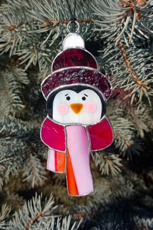 Penguin suncatcher, stained glass window hangings, Christmas ornament, holiday home decor, handmade gift, winter decoration, modern wall art