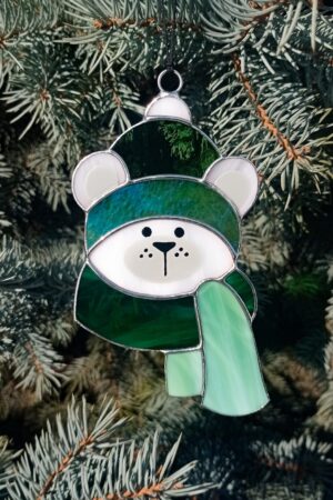 Polar bear suncatcher, stained glass window hangings, Christmas ornament, holiday home decor, handmade gift, winter decoration, wall art