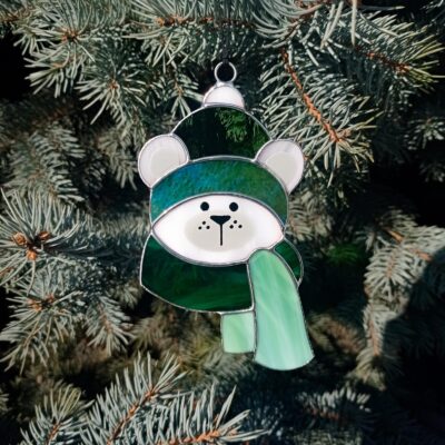 Polar bear suncatcher, stained glass window hangings, Christmas ornament, holiday home decor, handmade gift, winter decoration, wall art