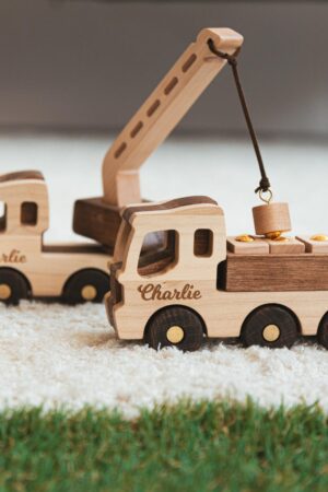 Wooden Excavator Truck with Name Birthday Cake Topper Construction Vehicles Sensory Toys For Kids Birthday Boy Gift Kids Pretend Play