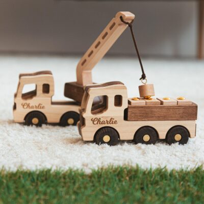 Wooden Excavator Truck with Name Birthday Cake Topper Construction Vehicles Sensory Toys For Kids Birthday Boy Gift Kids Pretend Play